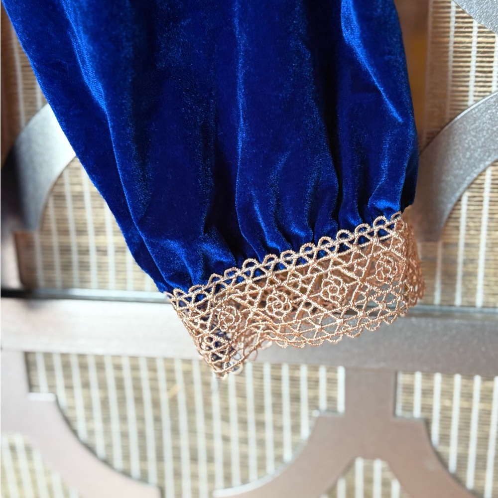 SHEIN Royal Blue Velvet Blouse with Cream Lace - Picture 3 of 6